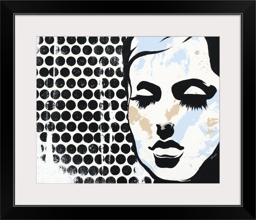 Pop art style painting with a black silhouette of a woman's face with long eyelashes and light blue and tan paint splotche...