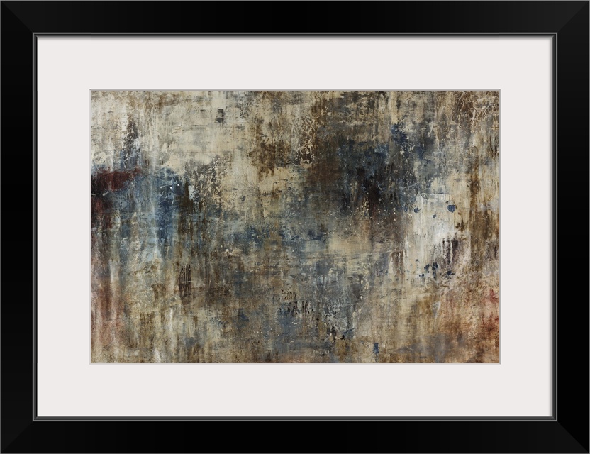 Abstract painting with crackling and overlapping patches of cool, warm and neutral tones.