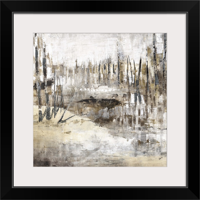 Square abstract painting in brown, gray, and white hues with vertical lines in different sizes creating depth.