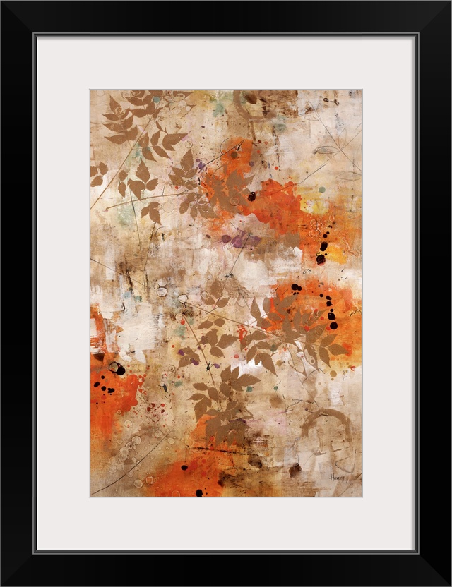 Abstract artwork that has splashes of orange and small branches with leaves painted over the print.