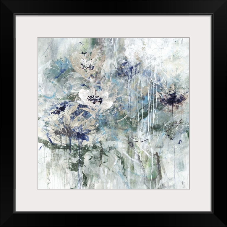 Square abstract floral painting in shades of green, blue and white.