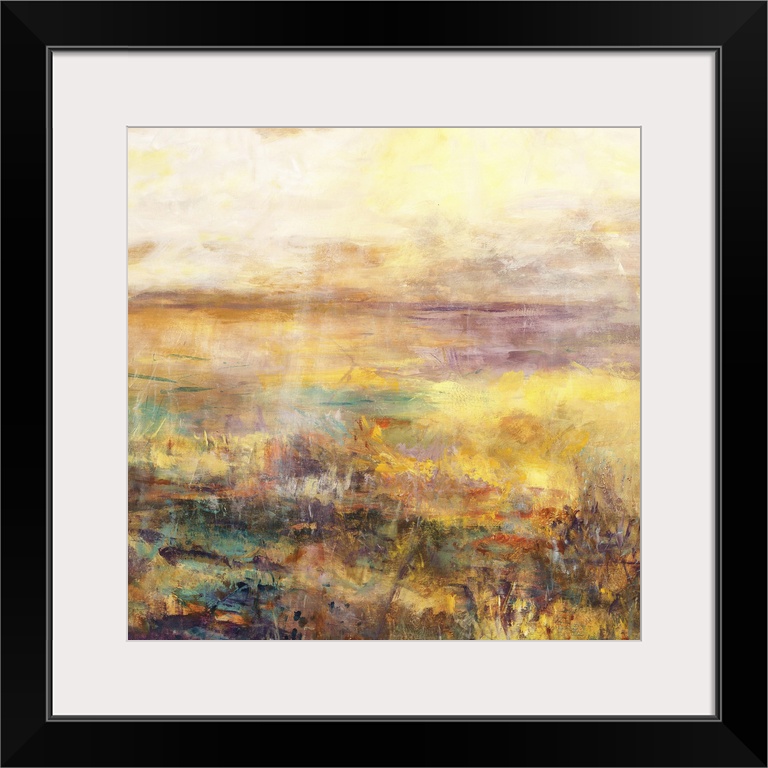 Contemporary abstract artwork in shades of lavender and gold, resembling a field at sunset.