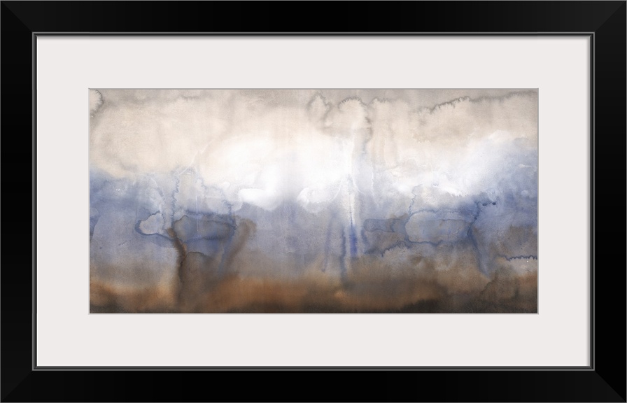 Contemporary abstract painting using a transition of a white blue and brown.