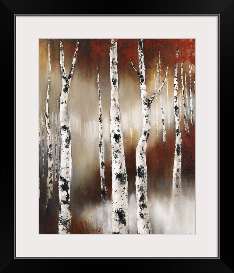 Contemporary painting of birch trees in a forest in the fall.