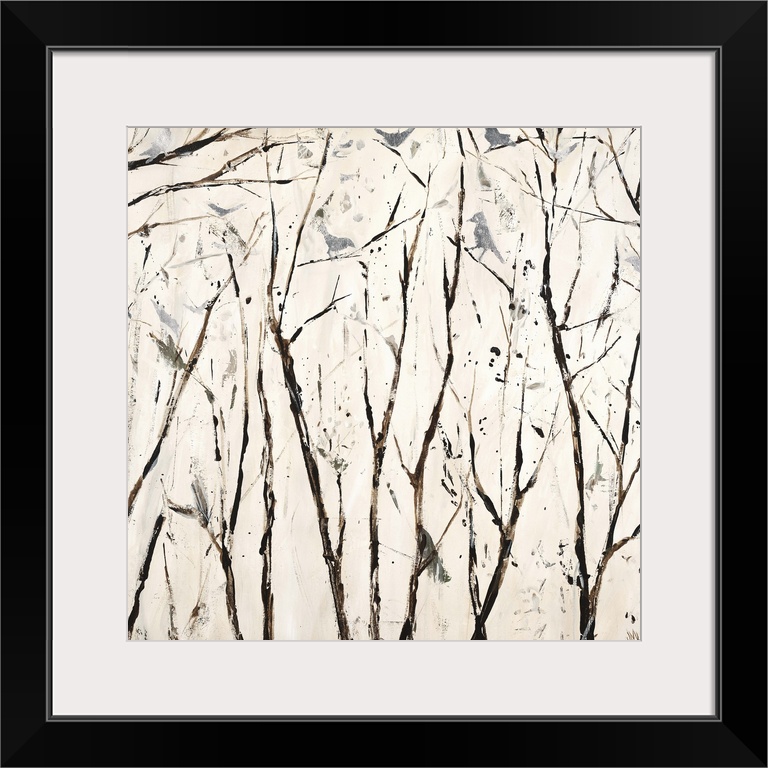 Square painting in neutral white and brown hues with silver birds perched on bare branches.