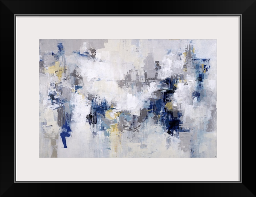 Abstract painting in shades of white and light gray with accents of blue throughout.