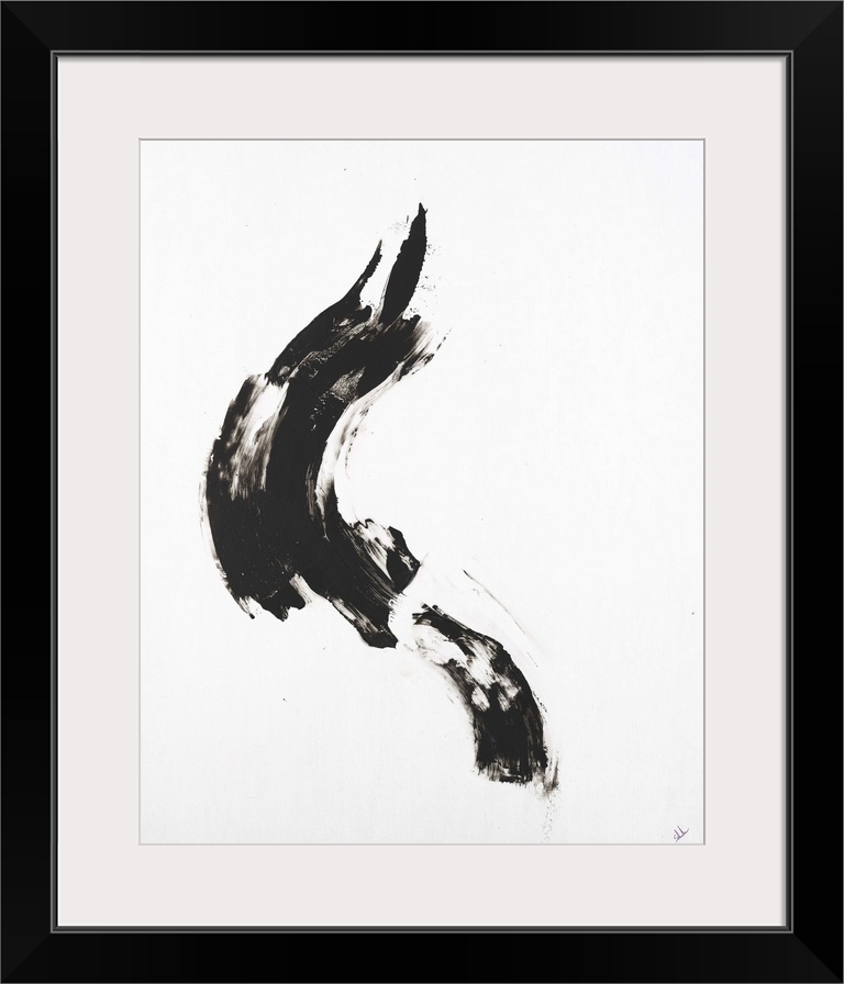 Minimalist abstract painting with a black brushstroke in the middle of a white background.