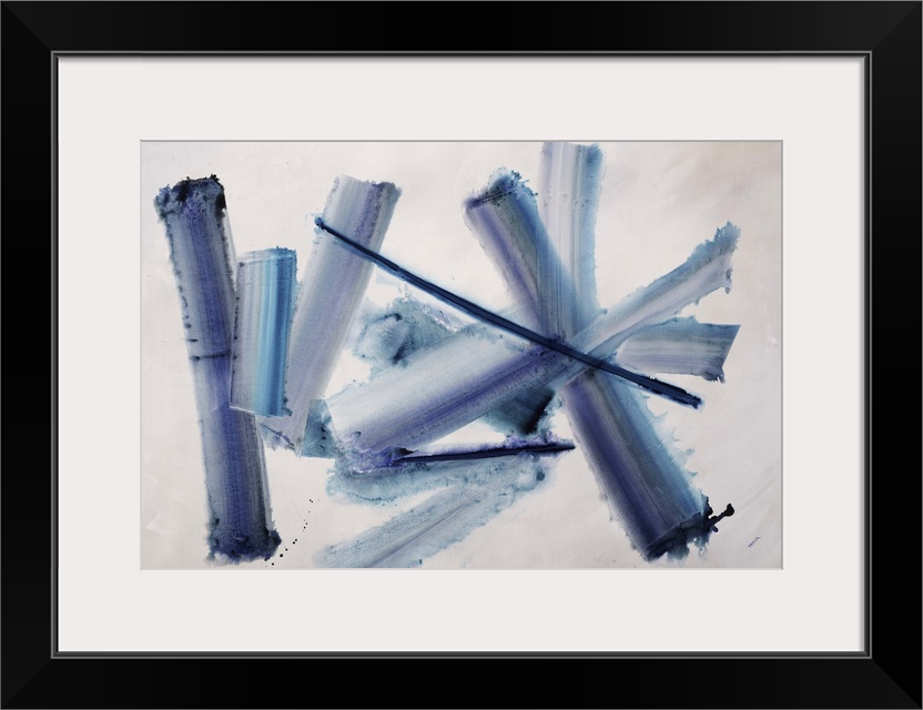 An energetic blend of crossing strokes of blue and gray colors in the center of the artwork.