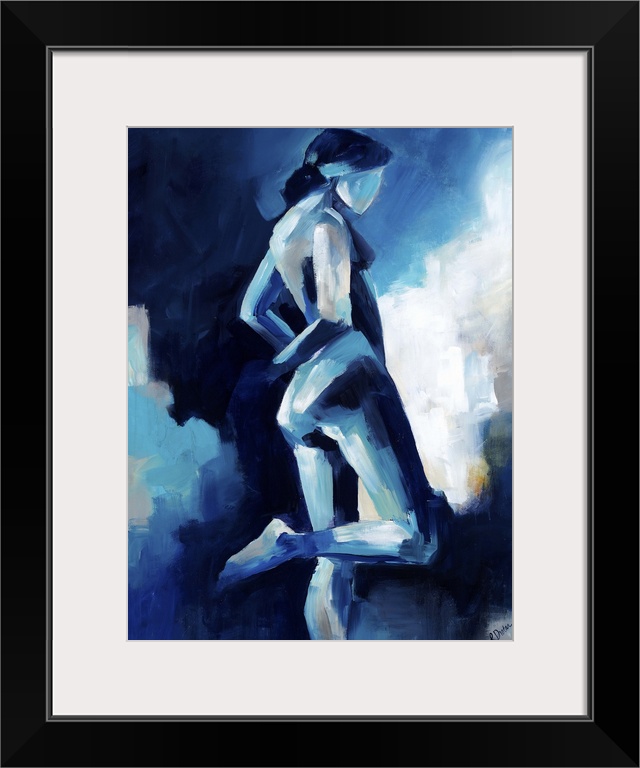 Contemporary figurative painting in blue tones ranging from light to dark of a nude woman standing with her right leg bent...