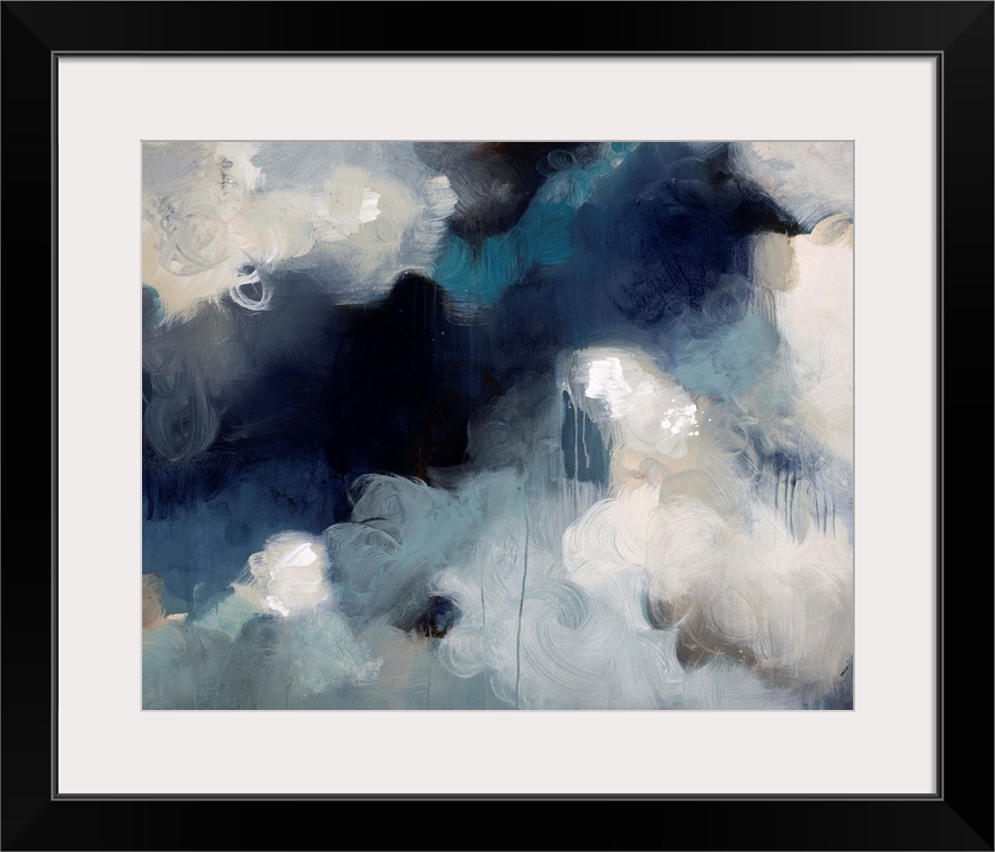 Abstract painting of what almost looks like fluffy white clouds in an aggressive dark sky.