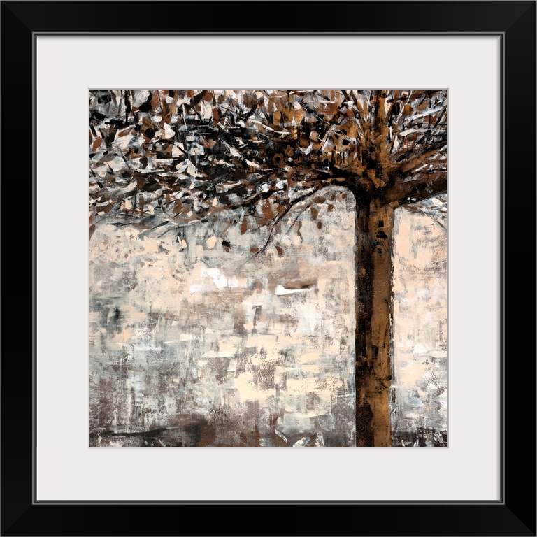 A stylized and abstract painted tree illuminated by a strong light source is the center of the composition of this square ...