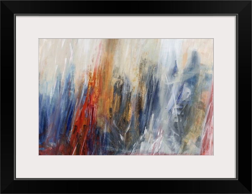 Abstract painting using vibrant colors in downward stroking motions to create movement.