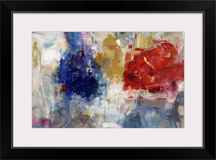 Abstract painting of three vibrant blossoms of color overlapping a busy landscape of soft and subtle tones.