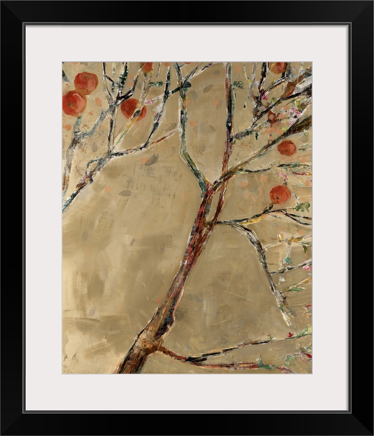 Abstract painting on canvas of tree limbs with fruit growing on them.