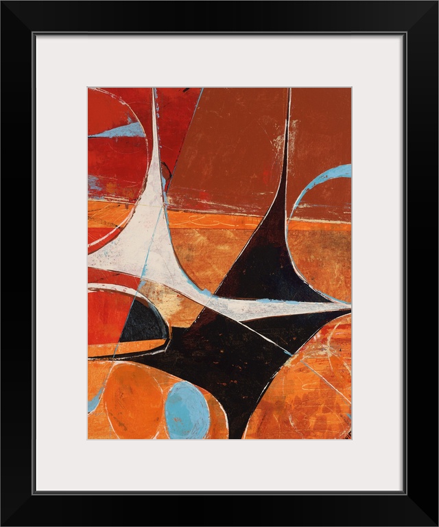 Contemporary abstract painting of various shapes and colors mingling in a retro looking frenzy.