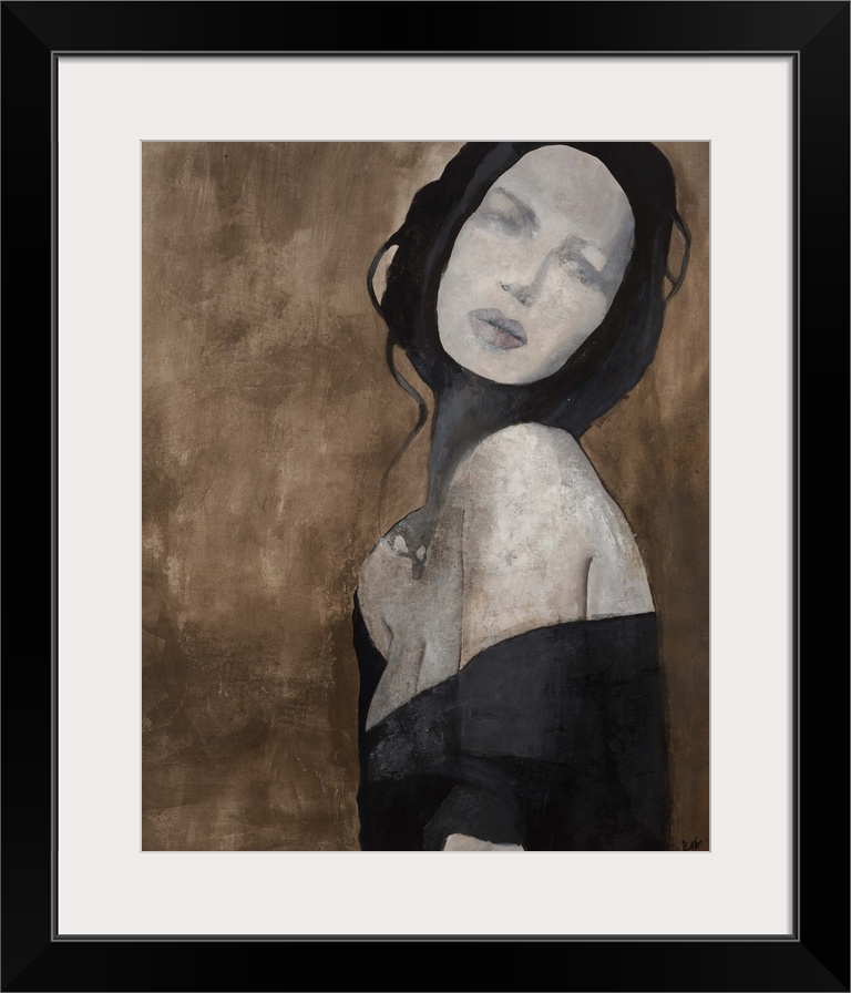 Contemporary painting of woman with pale skin wearing a black dress, against an earth toned background.