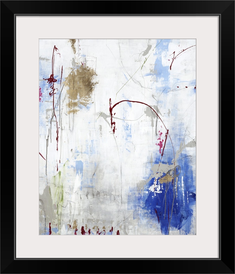 Vertical abstract painting in gold and blue with textured drips of paint.