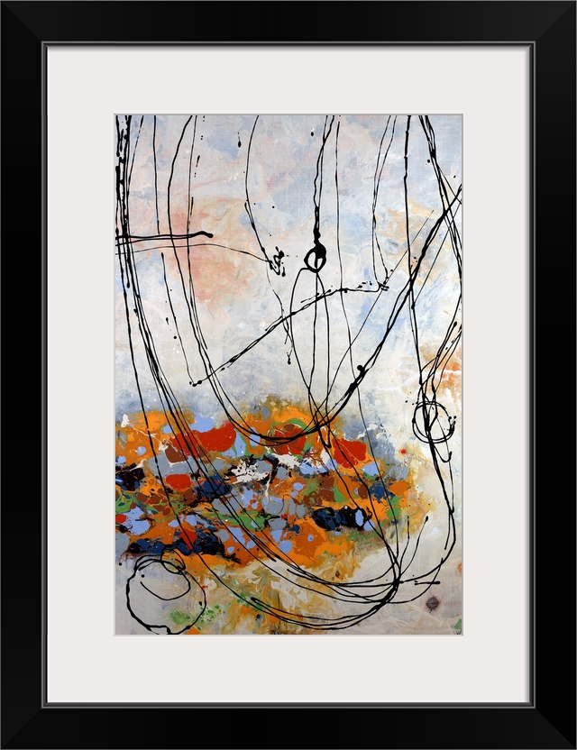 Contemporary abstract painting with colorful overlapping paint daubs and circling ink scribbles.