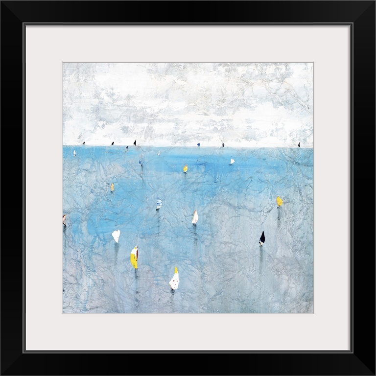Contemporary abstract painting using pale colors to make a sea filled sailboats.