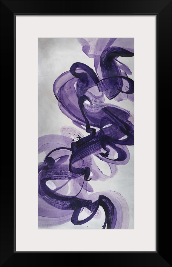 Abstract painting using vibrant purple tones in swirling motions that look like smoke flowing gently through the air.