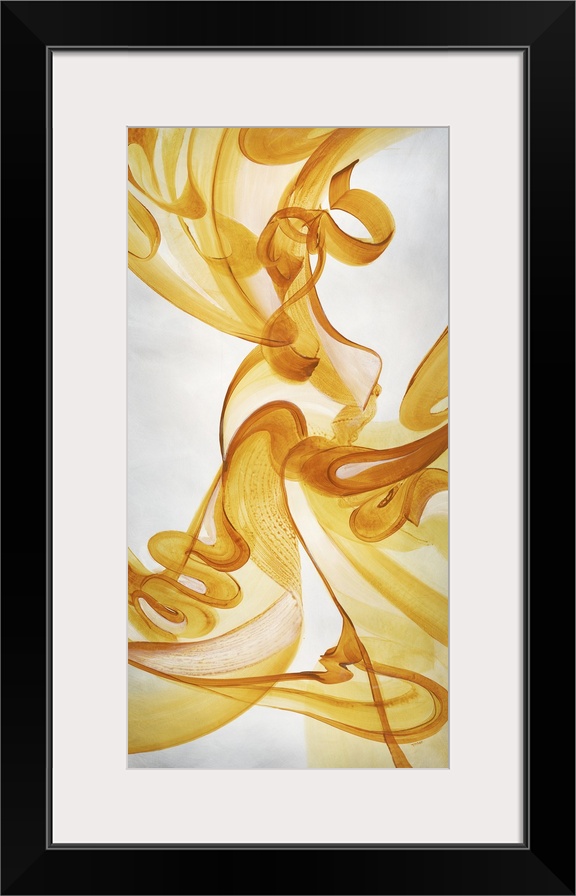 Abstract painting using vibrant yellow tones in swirling motions that look like smoke flowing gently through the air.