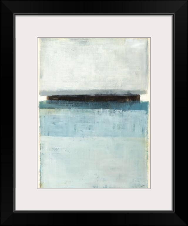 Large abstract painting with rectangular sections of color in shades of blue and gray with one black line and a white and ...