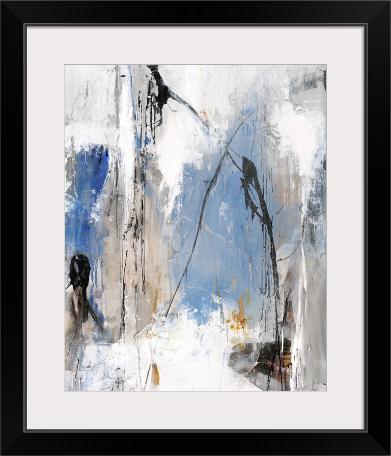 Contemporary abstract painting with white, gray, blue, and gold hues and thin black lines on top with dripping paint.