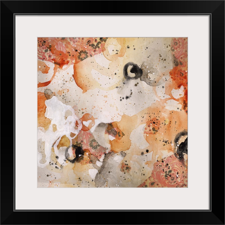 Abstract painting using bright orange tones in splashes and splatters, almost looking like flowers.