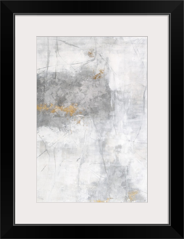 Soft abstract painting with a white background and gray lines on top creating texture, a large splotch of silver on the le...