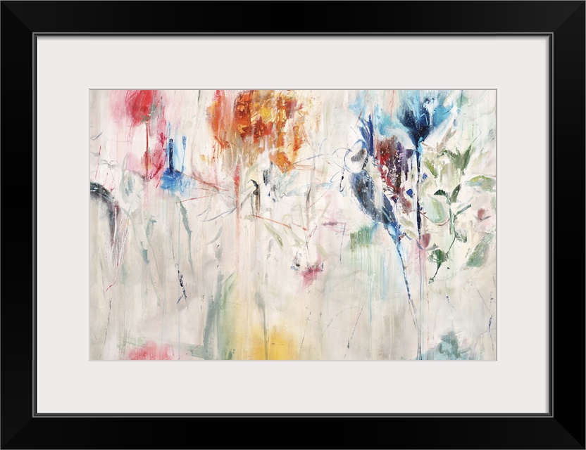 Contemporary abstract painting of a colorful flowers against a neutral background.