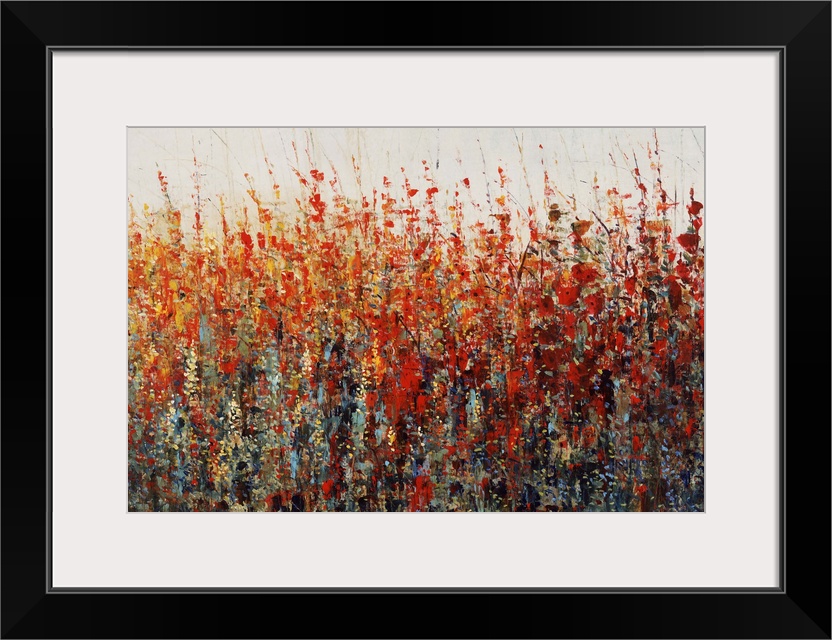 Contemporary painting of vibrant warm toned flowers.