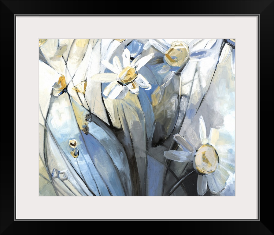Contemporary painting of white daisies on a blue, yellow, and gray geometrically sectioned out background.