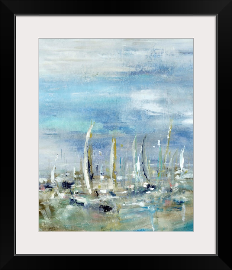 Abstract painting of sailboats in the ocean on a cloudy day.  The boat shapes are created from varying brush strokes.