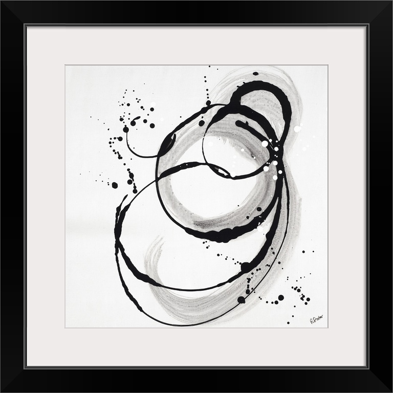 Abstract painting using dark black drip patterns in a circular motion, with light gray undertones. Giving the appearance o...