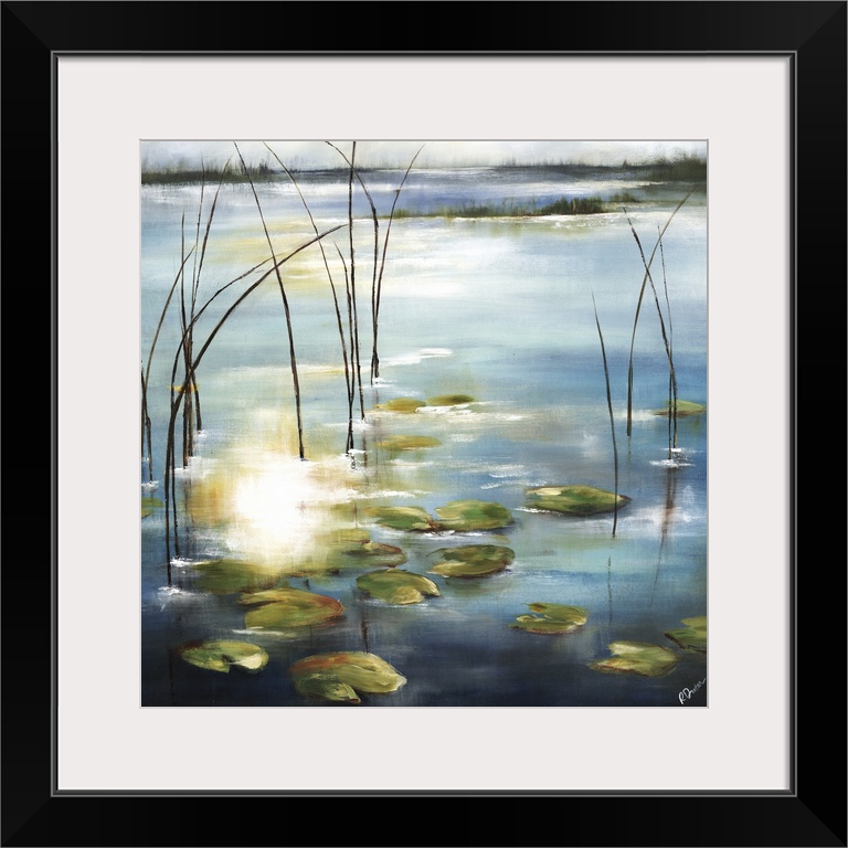 Contemporary painting of lily pads in a pond with the sun reflecting on the water.