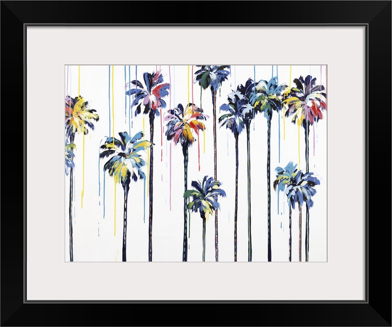 Colorful palm trees with thin tree trunks on a white background with paint dripping from the top.