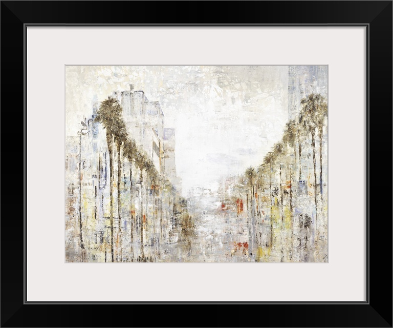 Abstract painting resembling a palm tree lined street with tall buildings on the sides and in the background, created with...