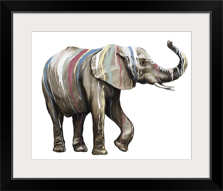 Artwork of an elephant covered with multiple colors of paint dripping down it's body.