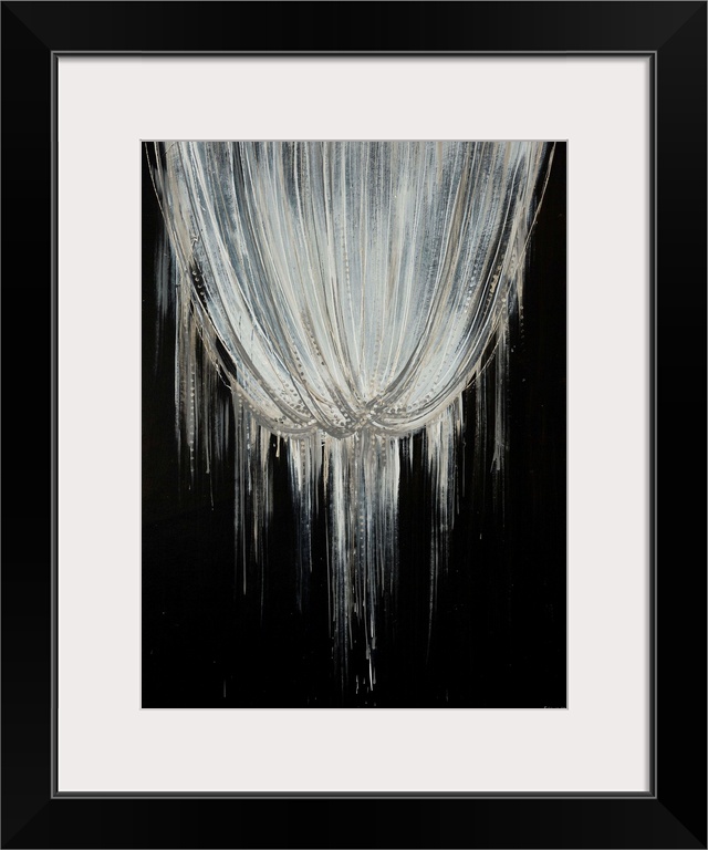 Abstract contemporary artwork of beaded strands hanging over a black wall, giving the impression of a chandelier in a dark...