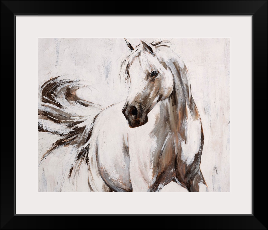 Contemporary painting of an elegant white horse flicking its tail.