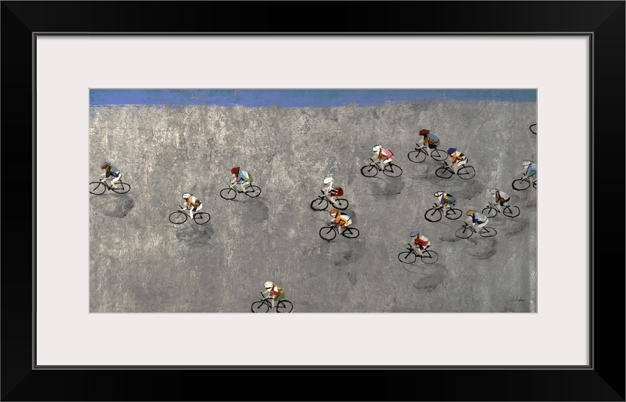 Contemporary painting of an aerial view of cyclists in a race on a gray path.