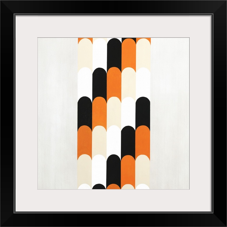 Abstract art created with tan, white, black, and orange long rounded shapes stacked together in rows on a neutral colored ...