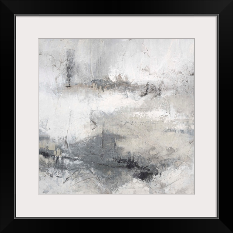 Abstract contemporary artwork in misty shades of white and grey.