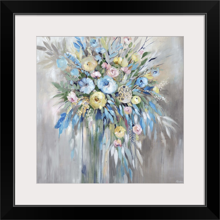 Contemporary abstract painting of a floral arrangement with with blue, yellow, and pale pink flowers.