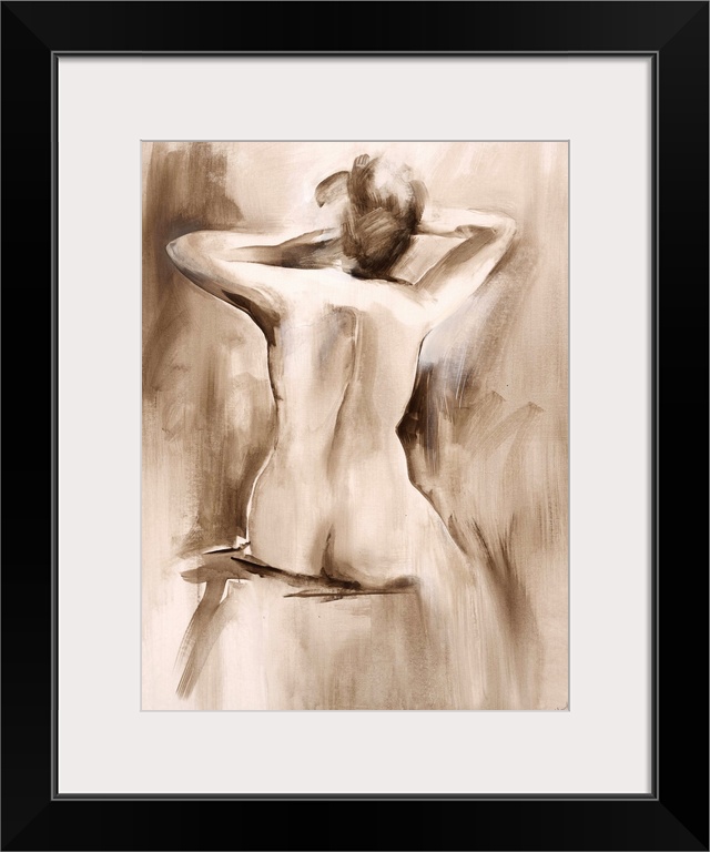 Contemporary figurative painting of a nude female seated with arms lifted and back facing viewer.