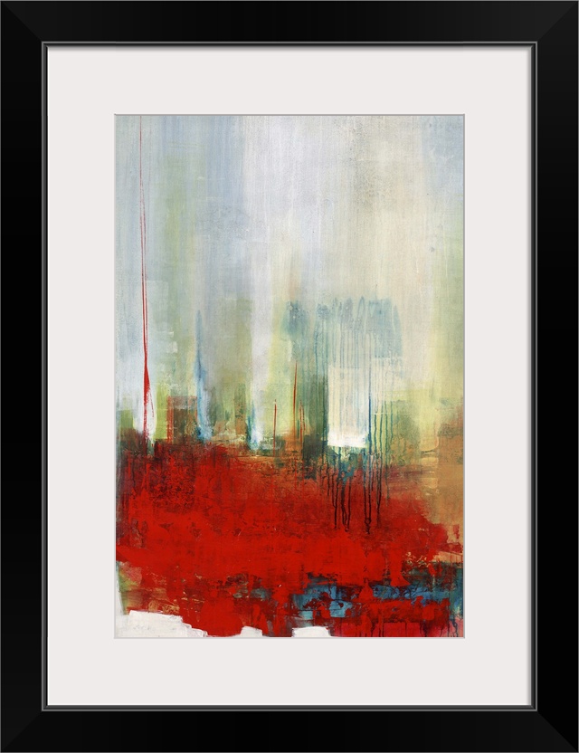Contemporary abstract artwork in bright red with hazy blue and green.