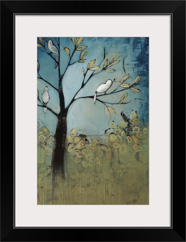 Contemporary painting of several birds perched in a tree, surrounded by a lush, green landscape and vibrant blue sky.