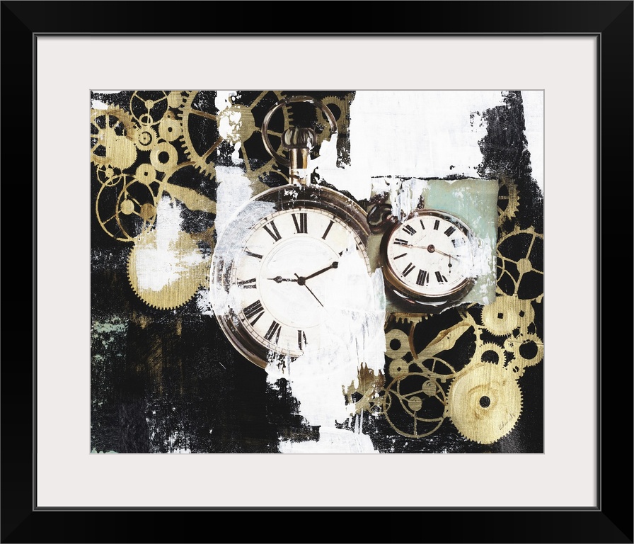 Contemporary composite image of pocket watches and gears in a battered appearance.