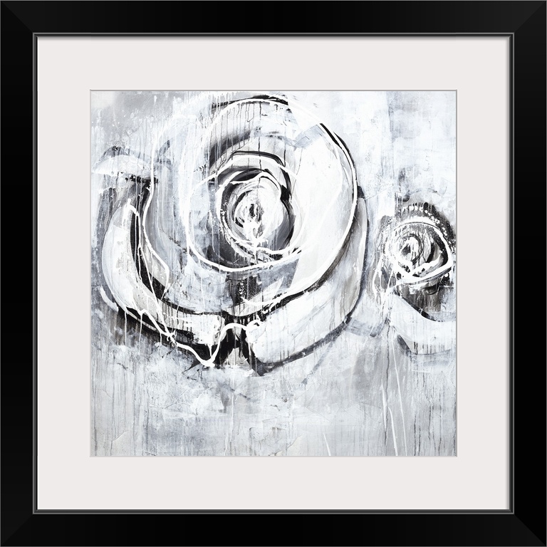 Square artwork of two roses in textured paint on shades of gray.