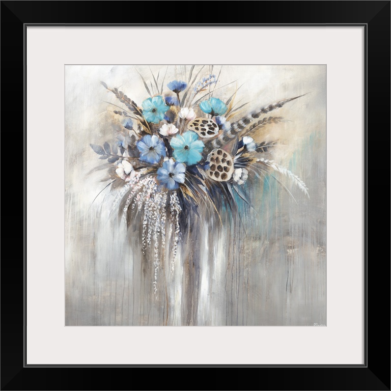 Contemporary painting of an arrangement of blue flowers and long feathers.